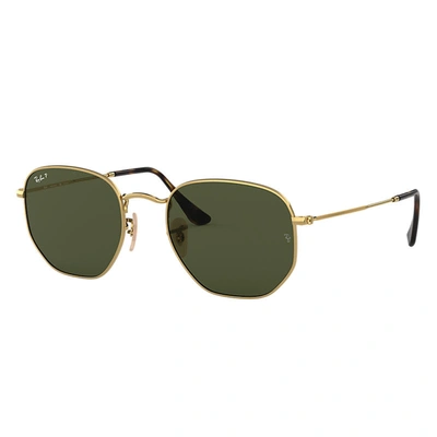 Ray Ban Hexagonal Flat Lenses Sunglasses Gold Frame Green Lenses Polarized 51-21