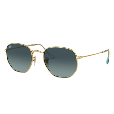 Ray Ban Hexagonal Flat Lenses Sunglasses Gold Frame Blue Lenses 54-21