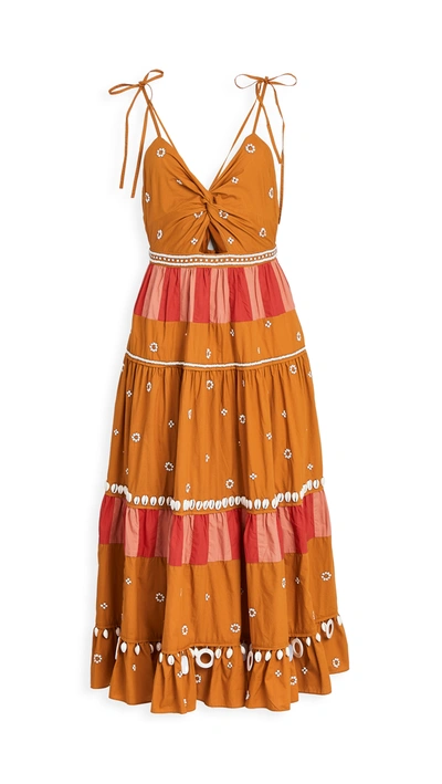 Ulla Johnson Cutout Embellished Cotton-poplin Midi Dress In Ochre