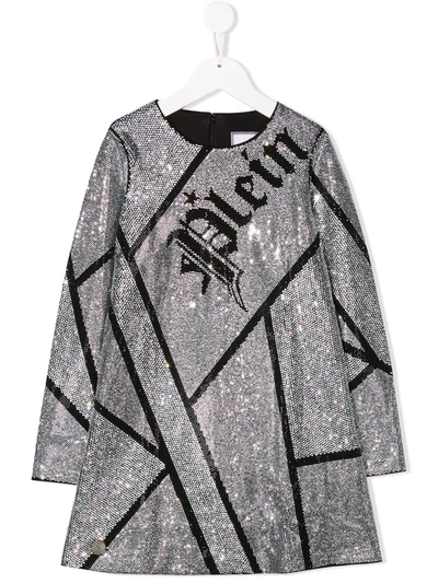 Philipp Plein Junior Kids' Long Sleeve Embellished Dress In Black