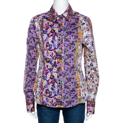 Pre-owned Etro Purple Floral Printed Stretch Cotton Button Front Shirt L