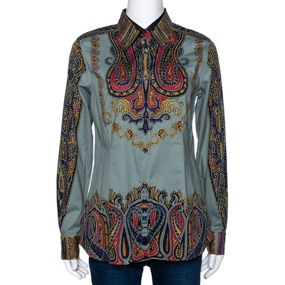 Pre-owned Etro Sage Green Paisley Print Stretch Cotton Long Sleeve Shirt L