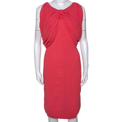 Pre-owned Max Mara Coral Pink Stretch Crepe Draped Sheath Dress L