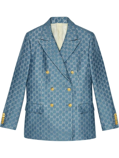 Gucci Metallic Gg Logo Wool Blend Blazer In Blue/ Mix