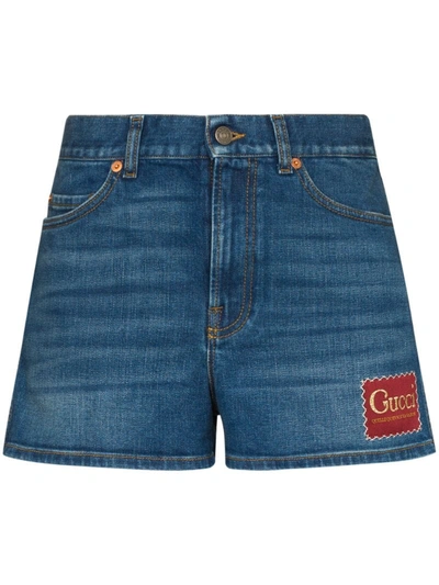 Gucci Mid-rise Logo Patch Shorts In Blue