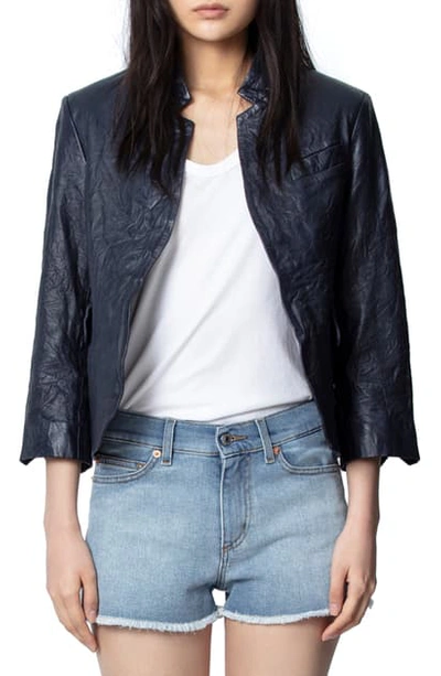 Zadig & Voltaire Open-front Crinkle-leather Blazer In Myrtille