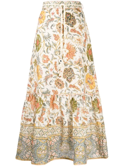 Zimmermann Edie Floral-print Linen Maxi Skirt In Beige