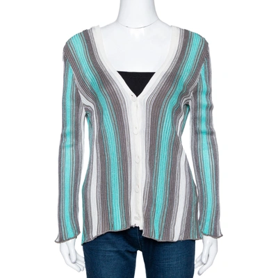 Pre-owned M Missoni Teal & Grey Striped Lurex Knit Button Front Cardigan L In Blue