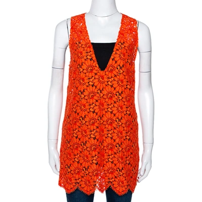 Pre-owned Gucci Orange Floral Corded Lace Scalloped Sleeveless Top M