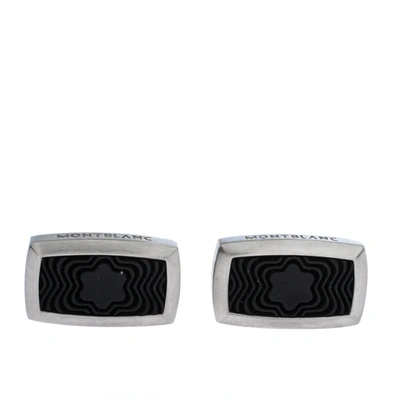 Pre-owned Montblanc Star Black Textured Inlay Silver Tone Rectangular Cufflinks