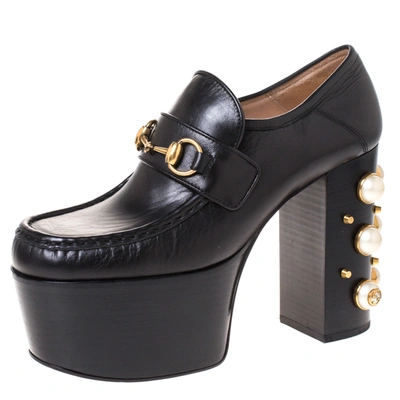 Pre-owned Gucci Black Leather Horsebit Pearl Embellished Platform Loafers Size 38