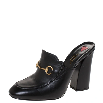 Pre-owned Gucci Black Leather Horsebit Julie Princetown Block Heel Mules Size 38