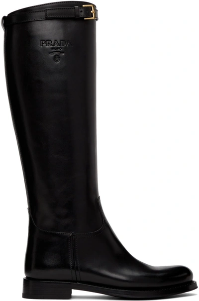 Prada Leather Knee High Boots In Black