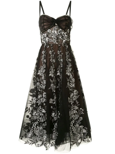 Marchesa Floral-embroidered Corset Cocktail Dress In Black