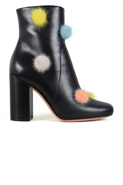 Fendi Leather Boots With Pompoms In Black