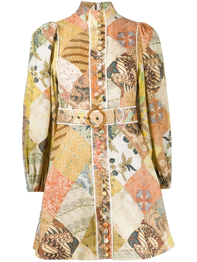 Zimmermann Brightside Belted Patchwork-print Linen Mini Dress In Multi