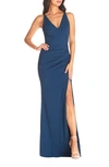 Dress The Population Jordan Ruched Side Slit Gown In Blue