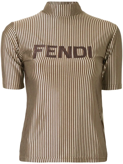 Pre-owned Fendi Metallic Striped Logo T-shirt In Brown