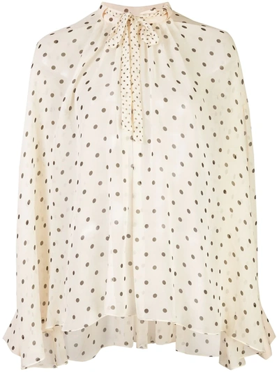 Adam Lippes Printed Chiffon Bow Neck Poet Shirt In Neutrals