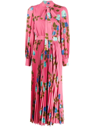 Msgm Rose Print Pleated Dress In Pink