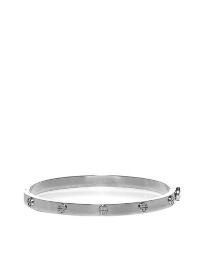 Tory Burch Miller Logo-charm Bangle Bracelet In Silver