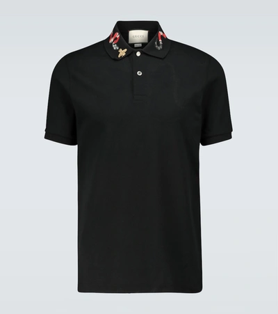 Gucci Embroidered Collar Polo Shirt In Black