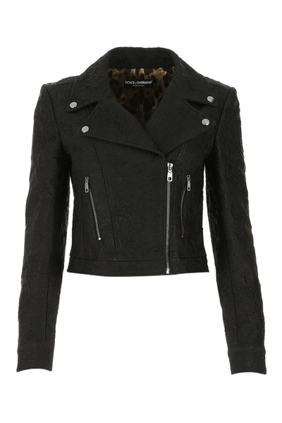 Dolce & Gabbana Cropped Jacquard Biker Jacket In Black