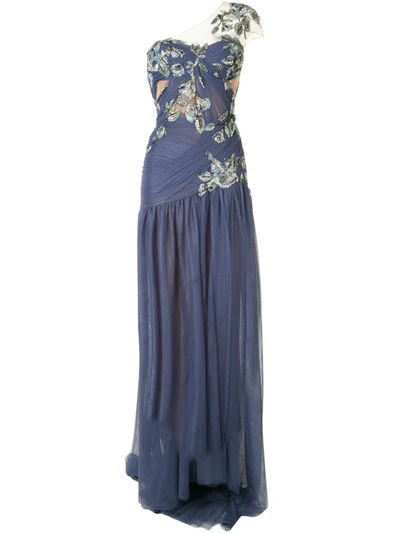Marchesa Grecian One Shoulder Embellished Evening Gown In Blue