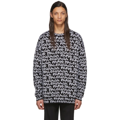 Balenciaga Logo Intarsia Knit Sweater In Black - White