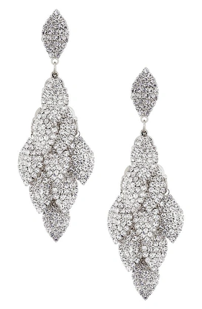 Nina Layered Leaf Drop Earrings In Rhodium/ White Crystal