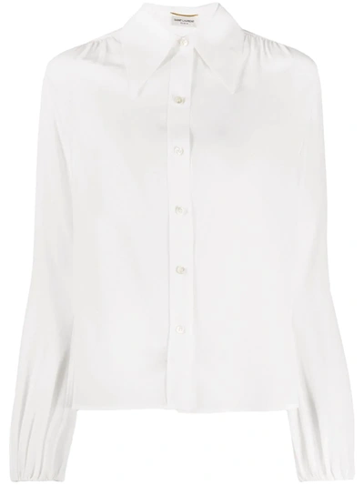 Saint Laurent Gathered-detail Puff-sleeve Shirt In White