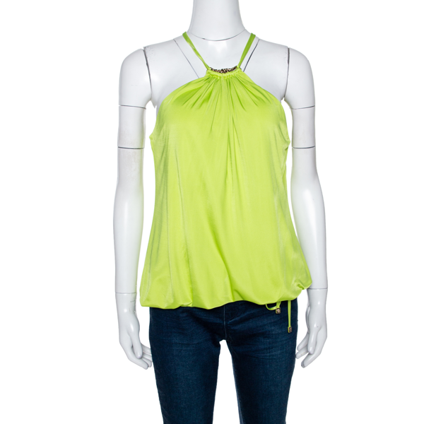 Pre-owned Roberto Cavalli Lime Green Jersey Halter Neck Top L | ModeSens