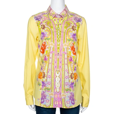 Pre-owned Etro Yellow Floral Paisley Printed Cotton Button Front Shirt L