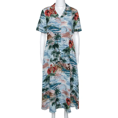 Pre-owned Valentino Pale Blue Hawaiian Landscape Print Silk Shirt Dress M
