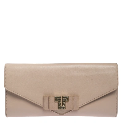 Pre-owned Tory Burch Light Beige Leather Deco T Flap Clutch
