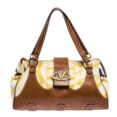 Pre-owned Valentino Garavani Yellow/tan Canvas And Leather V Clasp Catch Satchel