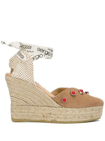 Sergio Rossi X Manebi Wrap-around Studded Espadrilled Wedges In Brown