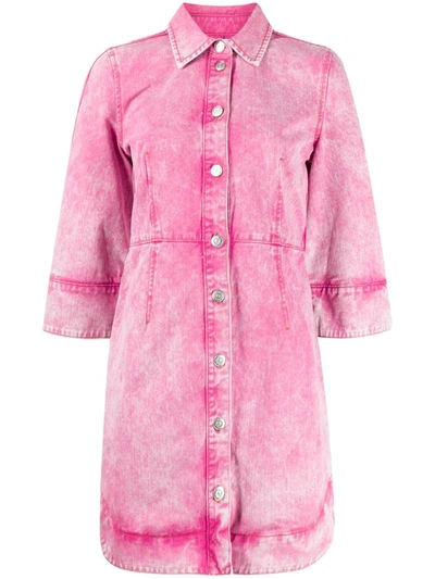 Ganni Washed Denim 3/4-sleeve Dress In Pink