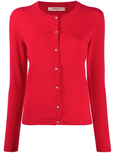 Twinset Crewneck Cardigan With Jewel Buttons In Red