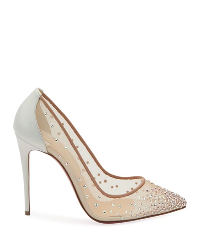 Christian Louboutin Follies Strass 100mm Mesh Red Sole Pumps In White