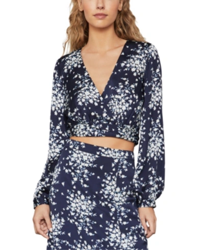 Bcbgmaxazria Floral Print Satin Wrap Top In Pacific Blue