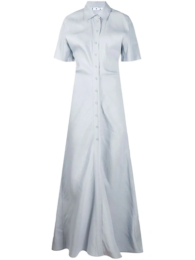 Off-white Ruched Linen-blend Maxi Shirt Dress In Light Blue