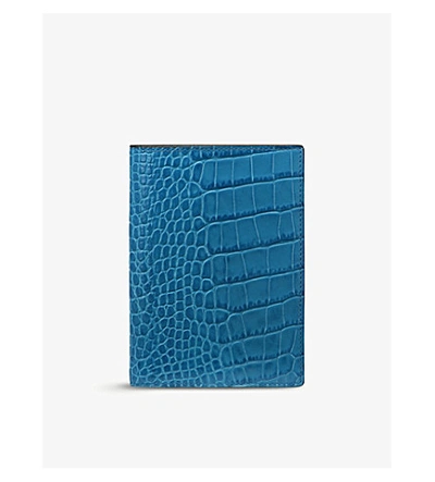 Smythson Mara Croc-embossed Leather Passport Cover In Azure