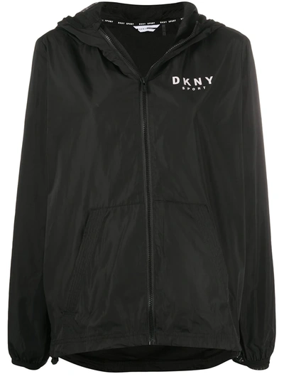 Dkny Zip-through Hooded Logo Jacket In Black