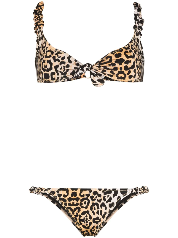 Reina Olga Luca Leopard Print Scrunchie Bikini In Black | ModeSens
