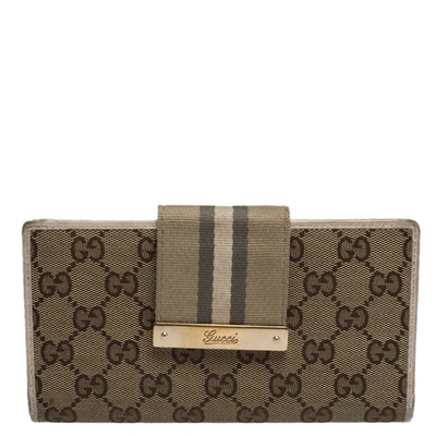 Pre-owned Gucci Beige Gg Canvas And Leather Web Continental Wallet