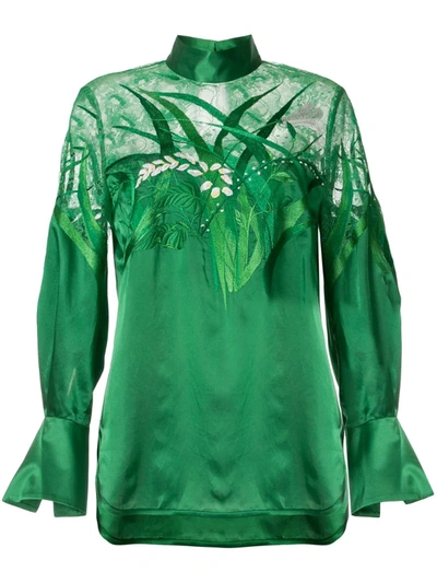 Mame Kurogouchi Lace-panelled Satin Blouse In Green