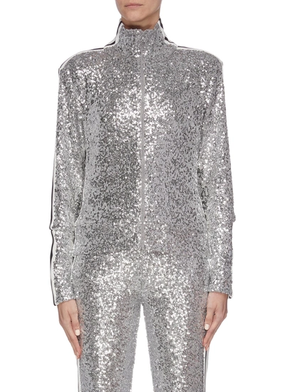 Norma Kamali Stripe Outseam Sequin Embroidered High Neck Track Jacket In Metallic