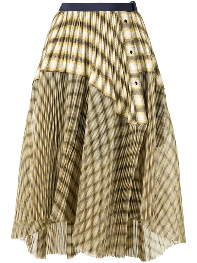 Sacai Wrap-around Pleated Panelled Flannel Midi Skirt In Yellow
