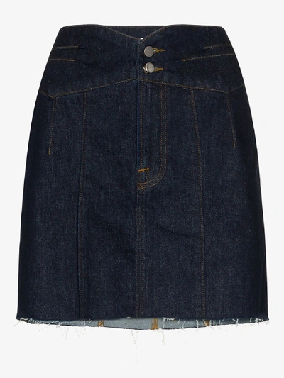 Frame Tux Waist Distressed Hem Denim Mini Skirt In Blue